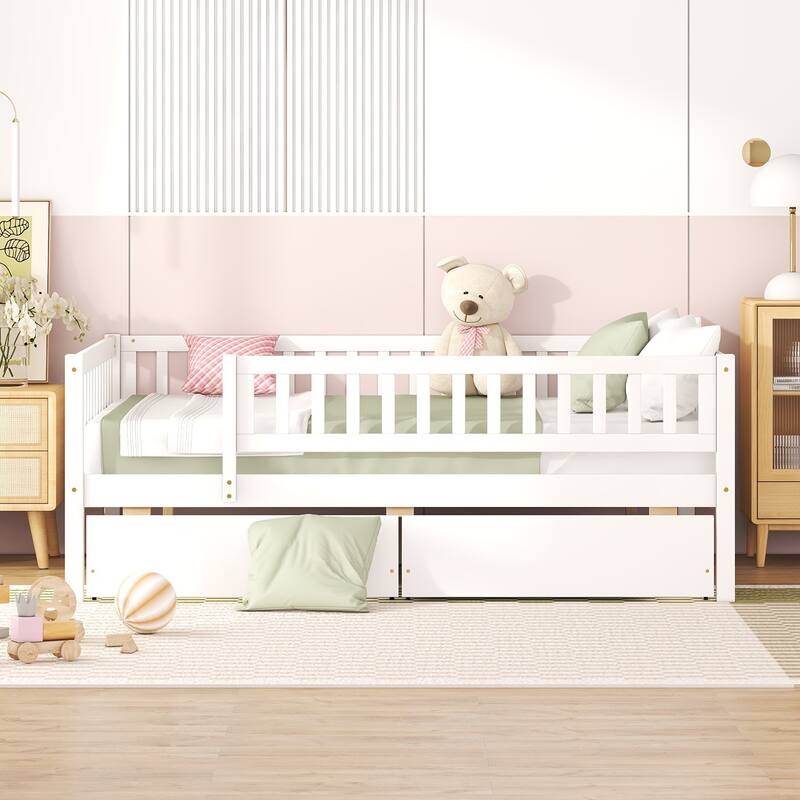 Twin Size Daybed Wood Bed Wood Platform Bed Frame No Box Spring Needed, 2 Extendable Wood Drawers with Trundle for Boys Girls - White/Drawers - Full