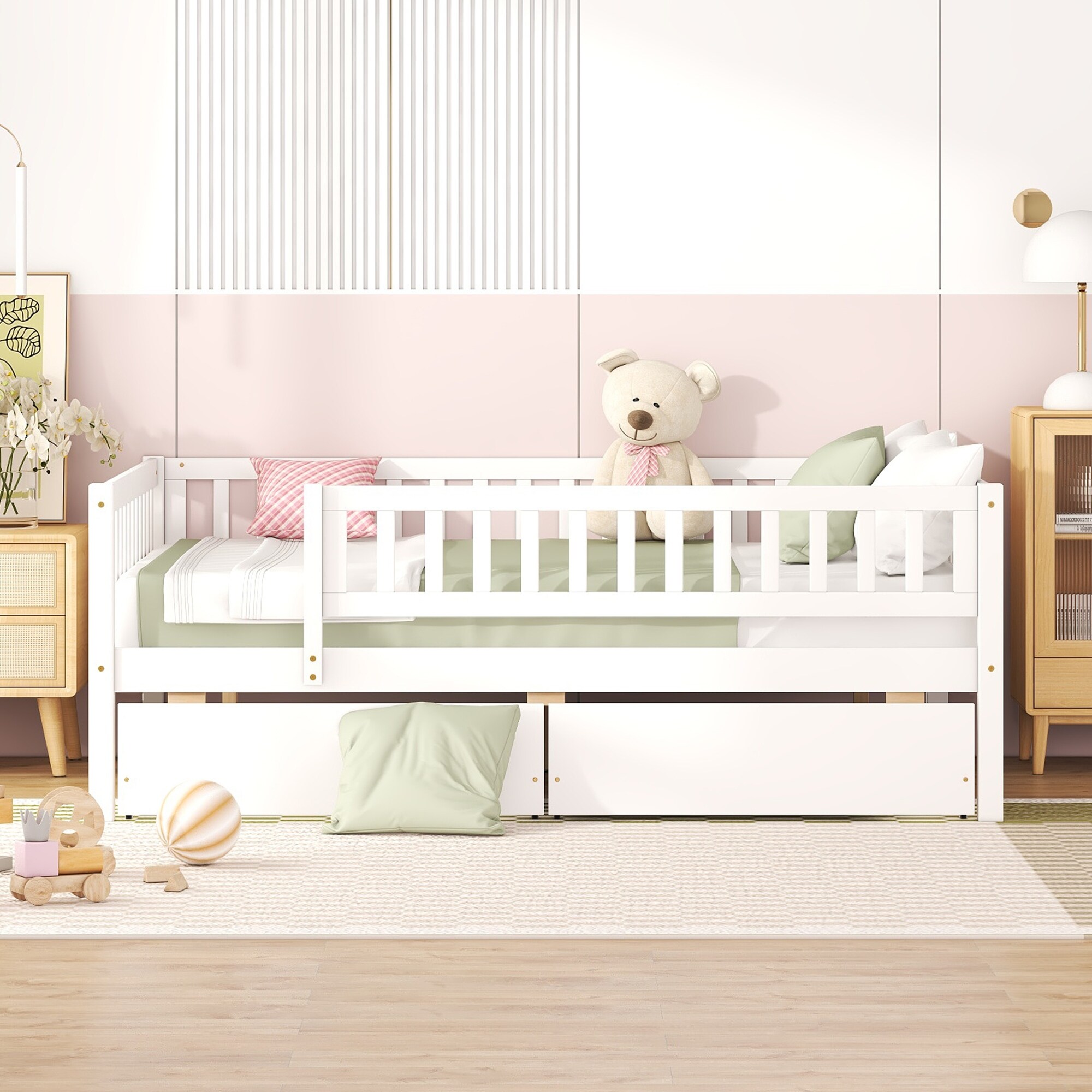 White Full Size Kids Bed Frame with Drawers Full Daybed with Fence Storage Bed for Girls and Boys Full Platform Bed for Kids