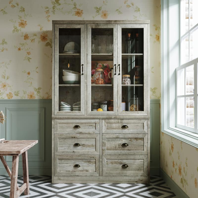 Farmhouse Kitchen Pantry Cabinet 6-Tier Bookshelf with Adjustable Shelves & Glass Doors