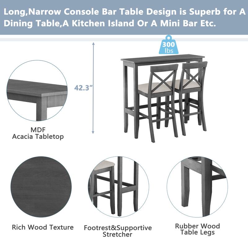 3-Piece Breakfast Nook, Wood Bar Height Dining Table Set, Kitchen Table Set with Bar Table and Cushioned Stools