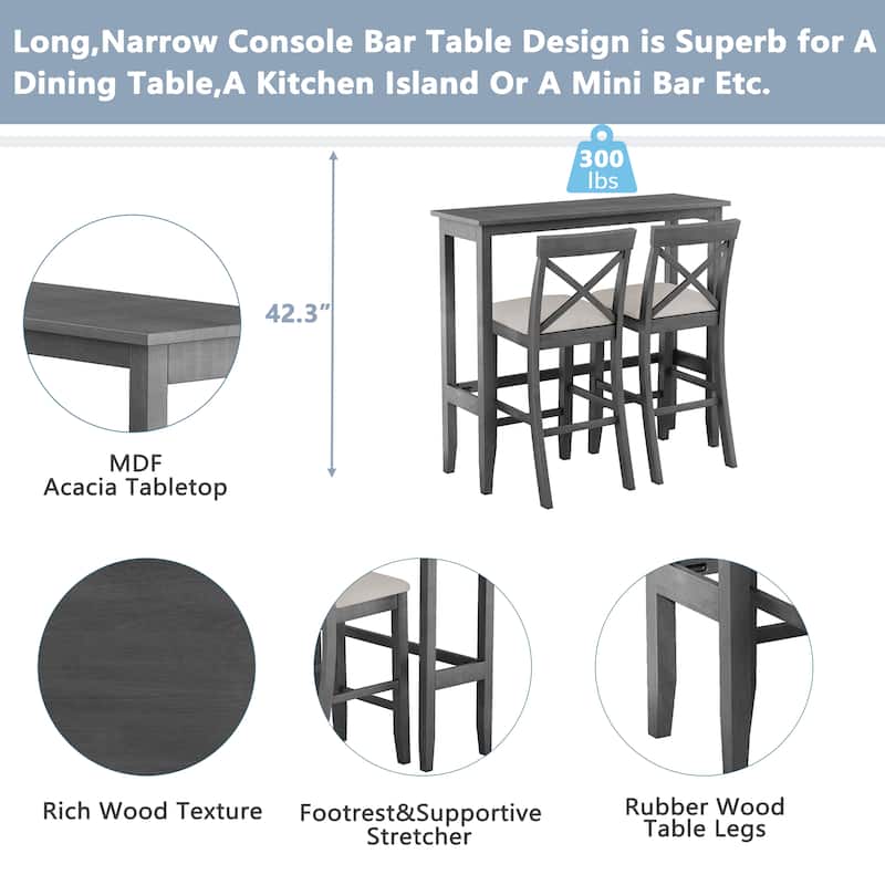 Roomfitters 3-Piece Bar Height Dining Set, 48" Wood Breakfast Nook Table with 2 X-Back Chairs for Small Spaces