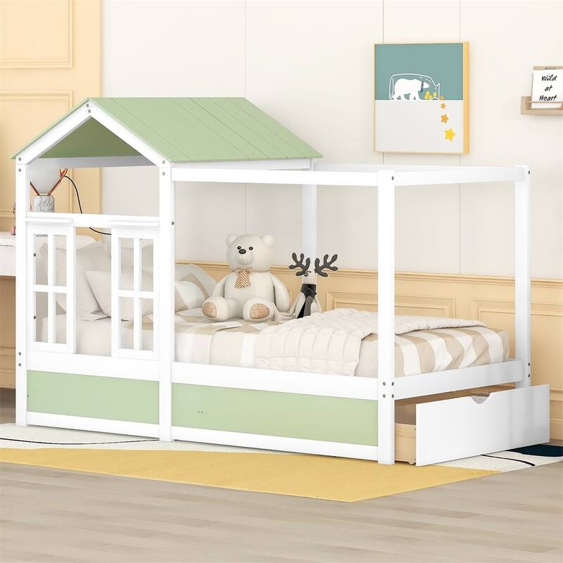 Merax House Bed with Roof, Window and Drawer - green+white - Twin