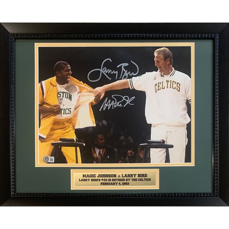 Magic Johnson & Larry Bird Autographed 11x14 Signed Basketball Retirement Framed Photo Beckett COA - 8'6" x 11'6"
