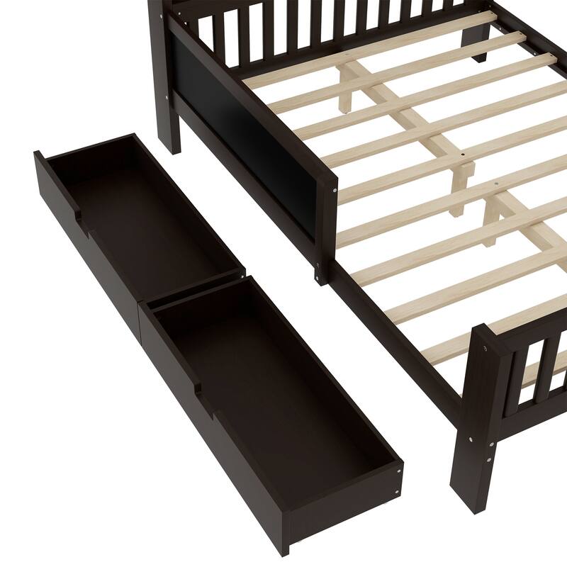 Childlike Fun Solid Wood Low-profile Platform Bed Storage Bed Frame with Side Chalkboard, Open Shelves, Drawers and Guardrails