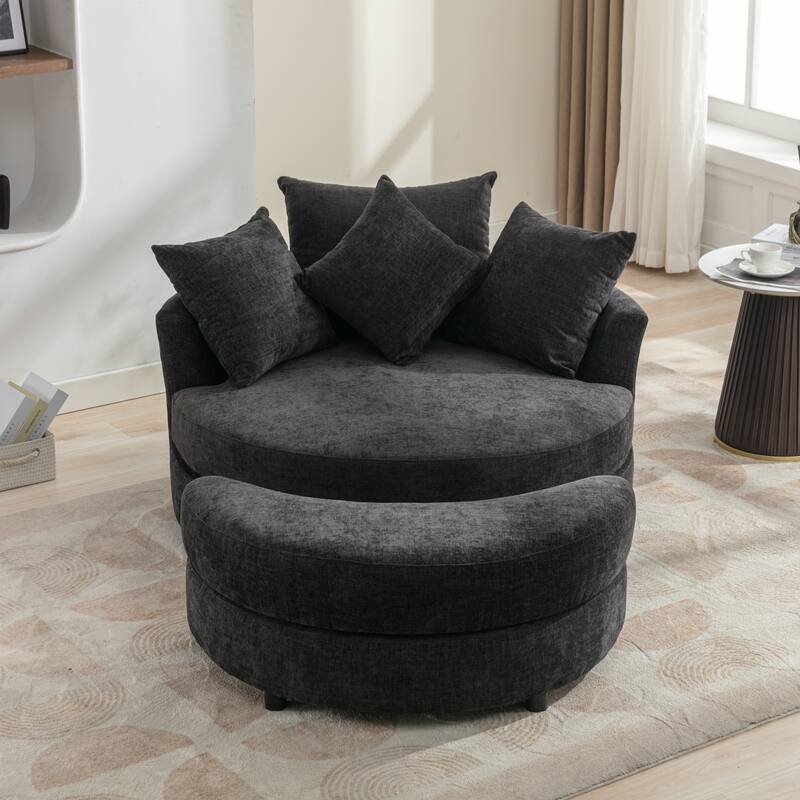Roomfitters Modern 360° Swivel Barrel Chair with Hidden Storage Ottoman, Chenille Upholstery and Four Pillows