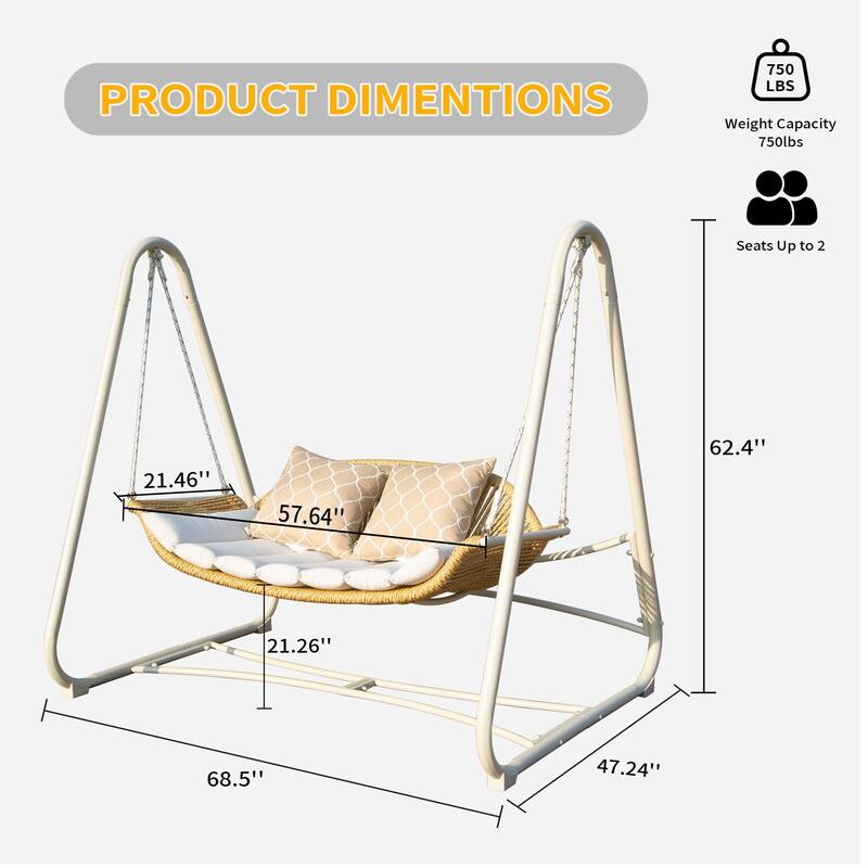2-Seat Rattan Weave Patio Porch Swing Chair Hammock Chair with Cushions & Removable Pillows, Rust-Proof Hanging Chair
