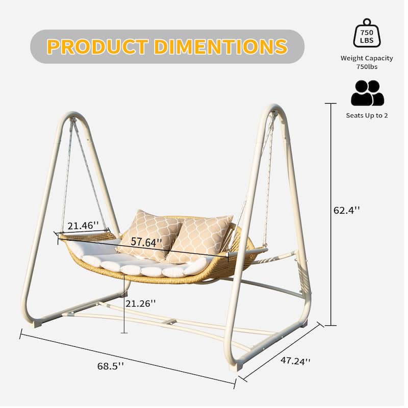Steel Frame 2-Seat Porch Swing with PE Rattan Weave, 750lb Capacity and Thickened Cushions