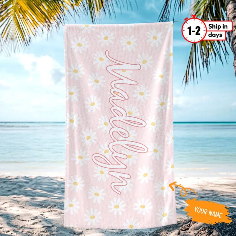 Personalized Beach Towel, Custom Daisy Beach Towel with Name - Light Pink - 35"x70"