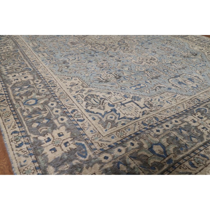 Light Blue Geometric Tabriz Persian Rug Hand-Knotted Wool Carpet - 6'7"x 9'4"
