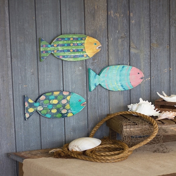 Painted Wooden Fish Wall Hangings, Set Of Three - Bed Bath