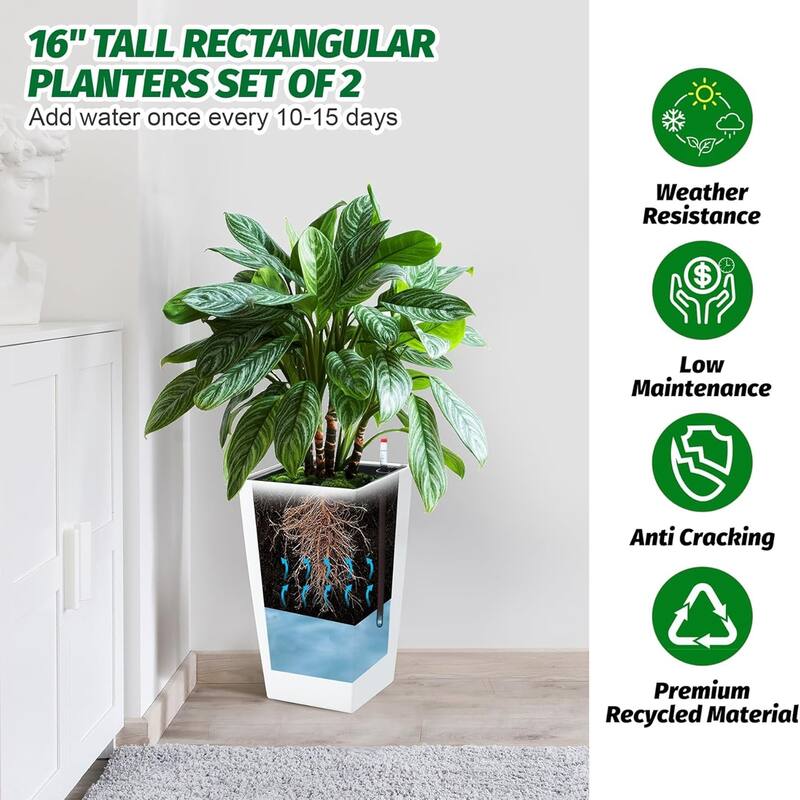 16-in Tall Self-Watering Planters Set of 4 with Drainage Holes Water Level Monitor and Inner Bucket Black