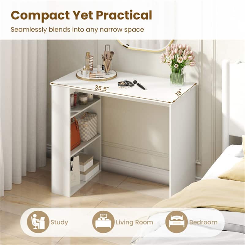 White Engineered Wood Computer Desk with Side Bookshelf Modern Minimalist