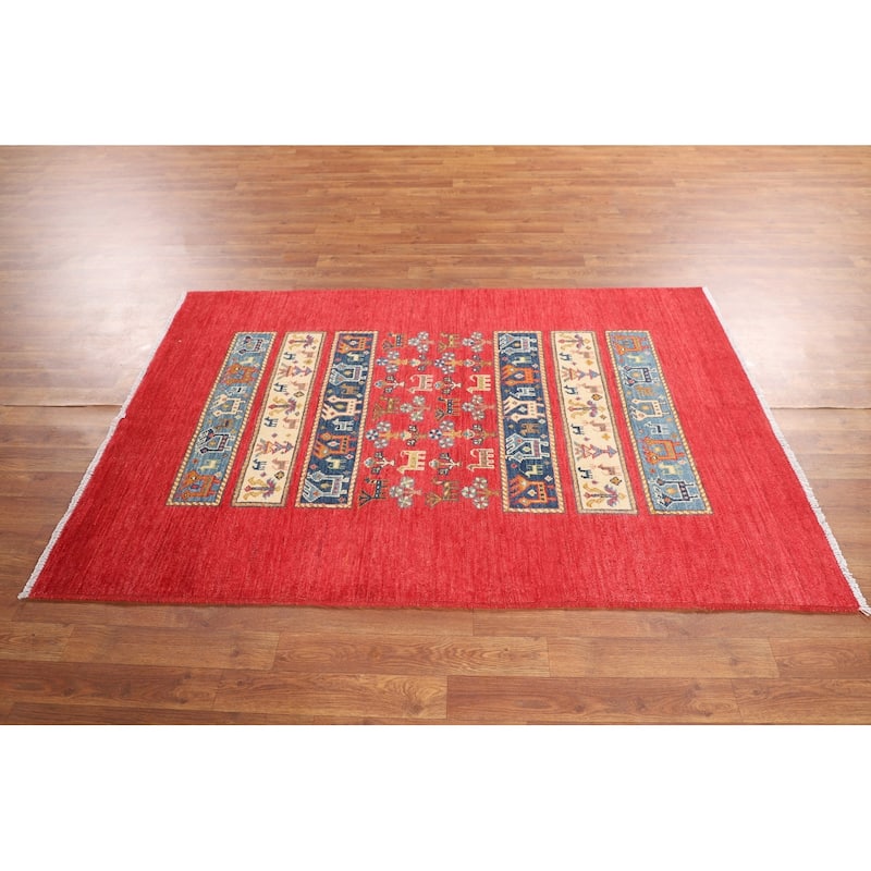 Tribal Geometric Red Kazak Oriental Area Rug Hand-Knotted Wool Carpet - 3'11" x 5'11"