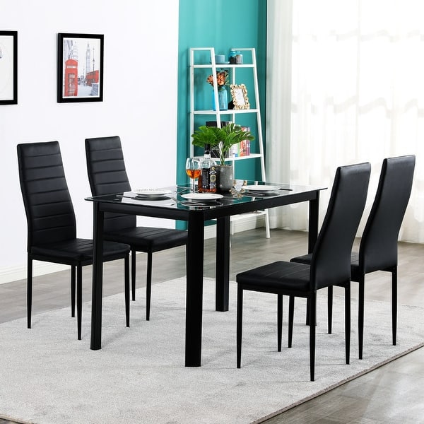 5pcs Dining Set Kitchen Furniture Black Glass Top Table with High Back ...