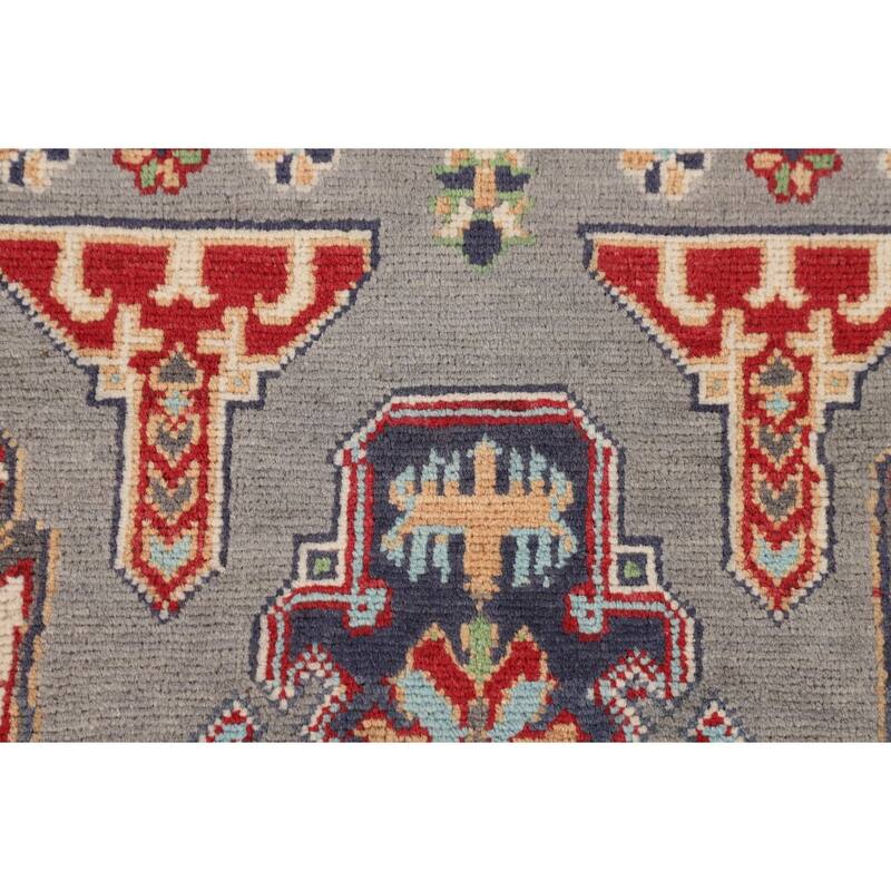 Geometric Kazak Accent Rug Handmade Grey Wool Carpet - 3'1" x 5'1"