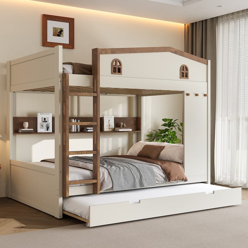 House-shaped Bunk Bed with Hooks, Storage Shelves, Safety Guardrails and Optional with Underbed Drawers or Trundle Bed - BeigewithTrundle - Queen