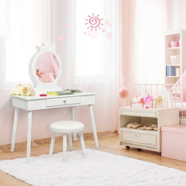 Young Princess Wooden Makeup Vanity Table Set with Padded Stool-White - 27.5" x 13.5" x 40"(L x W x H)