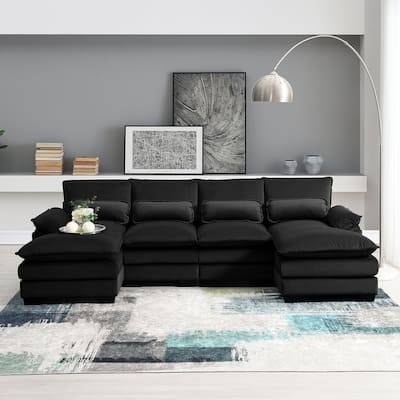 Modern U-shaped Sectional Sofa with Waist Pillows 6-seat Upholstered Symmetrical Sofa Furniture