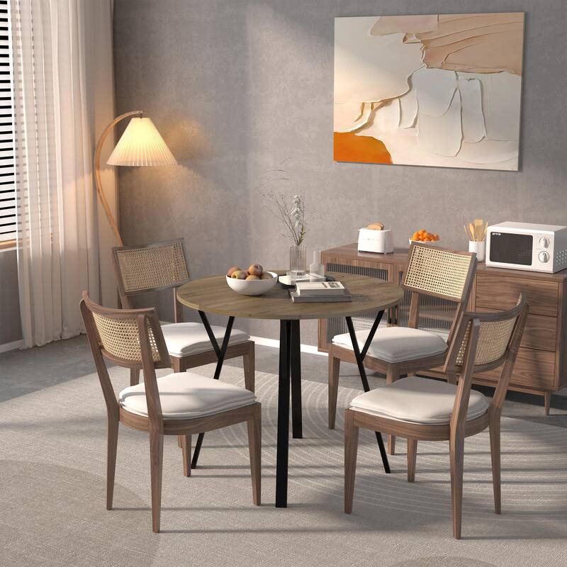 Anmytek Round Dining Table Modern Wood Top and Metal Frame Brown Industrial Kitchen Table