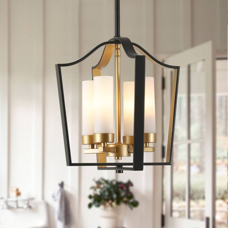 4-light Modern Matte Black with Gold Cage Design Candle-style Chandelier For Use in Bedrooms, Dining Rooms