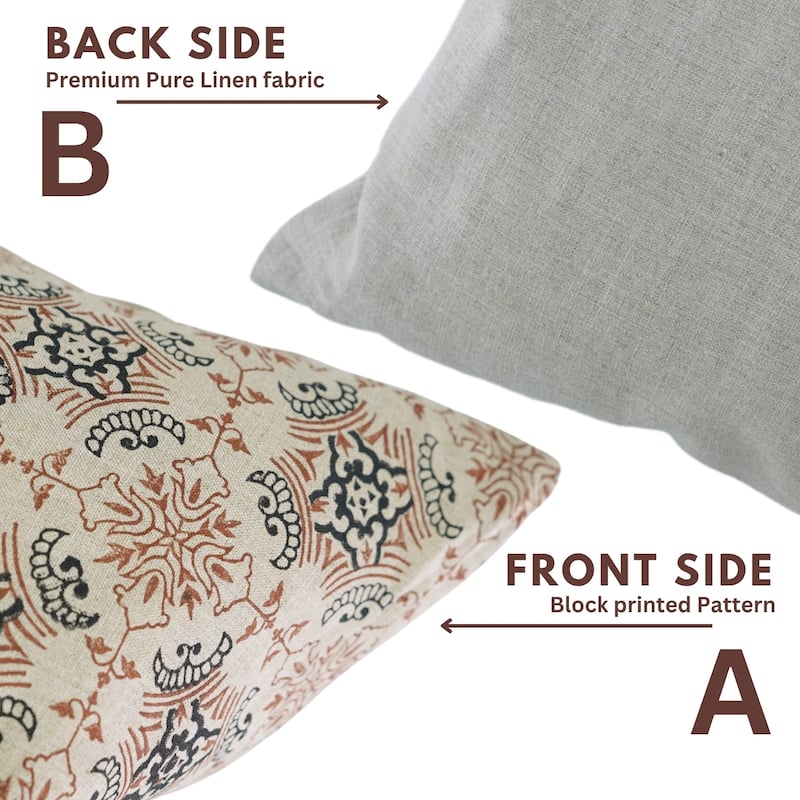 Fabdivine Sustainable Pillow Cover Soft Pure Linen Black Floral Block Print for Boho Living or Bed Room 24x24 Inch, Chakravyuh