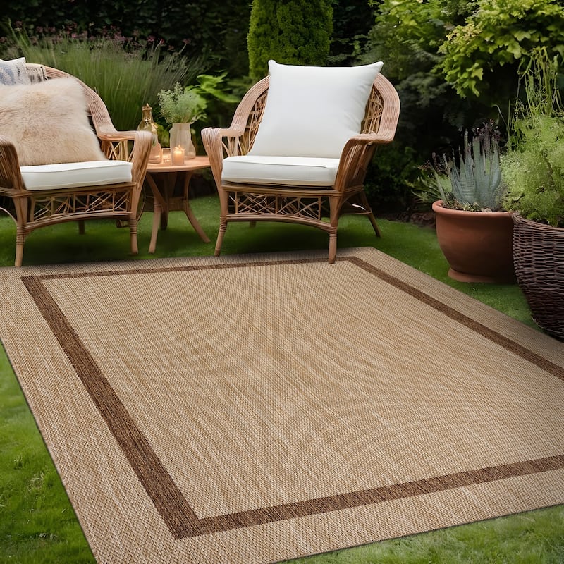 Beverly Rug Modern Bordered Indoor Outdoor Rug, Outside Carpet for Patio, Deck, Porch