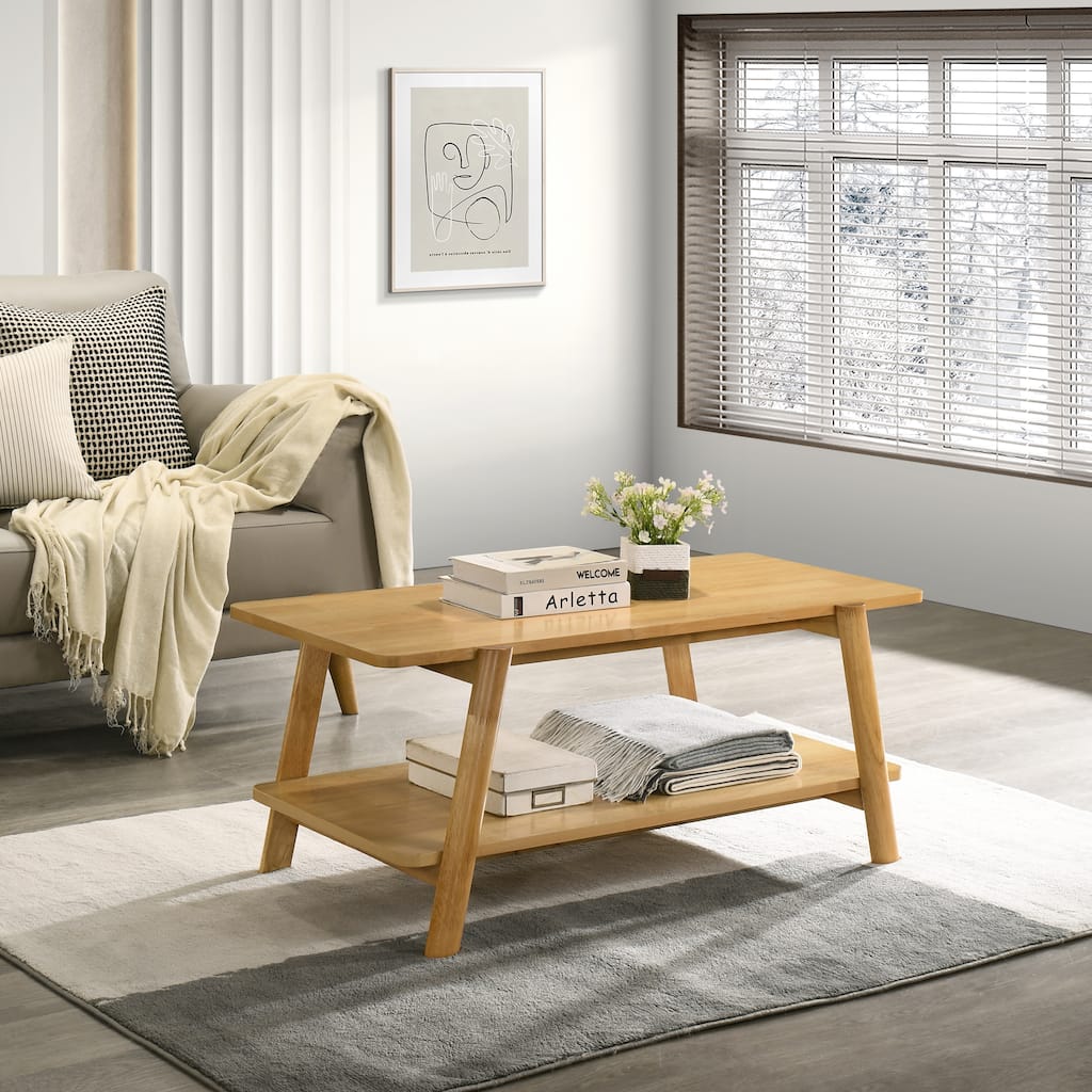 Mid-Century Modern Wood Shelf Coffee Table, Natural Oak Finish