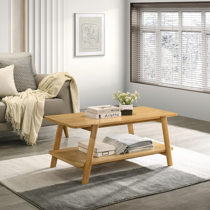 Roundhill Furniture Metz Mid-Century Modern Wood Shelf Coffee Table - Natural Oak