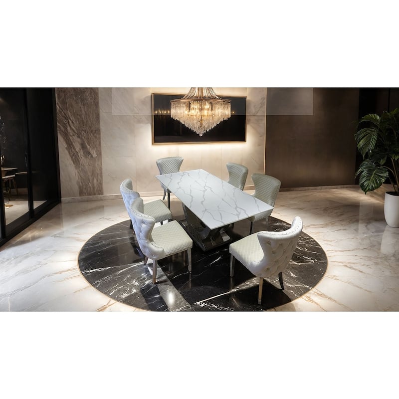 Chrome Finish Glam Dining Set Table and White Chairs