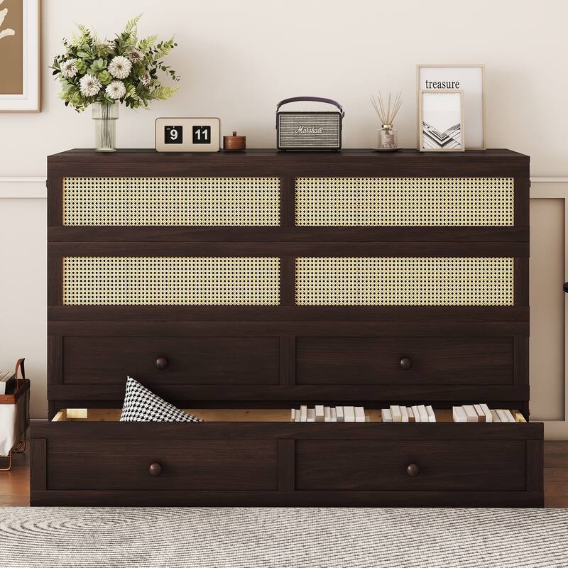 Murphy Bed, Pine Wood Cabinet Bed with Rattan Decoration and Storage Drawer