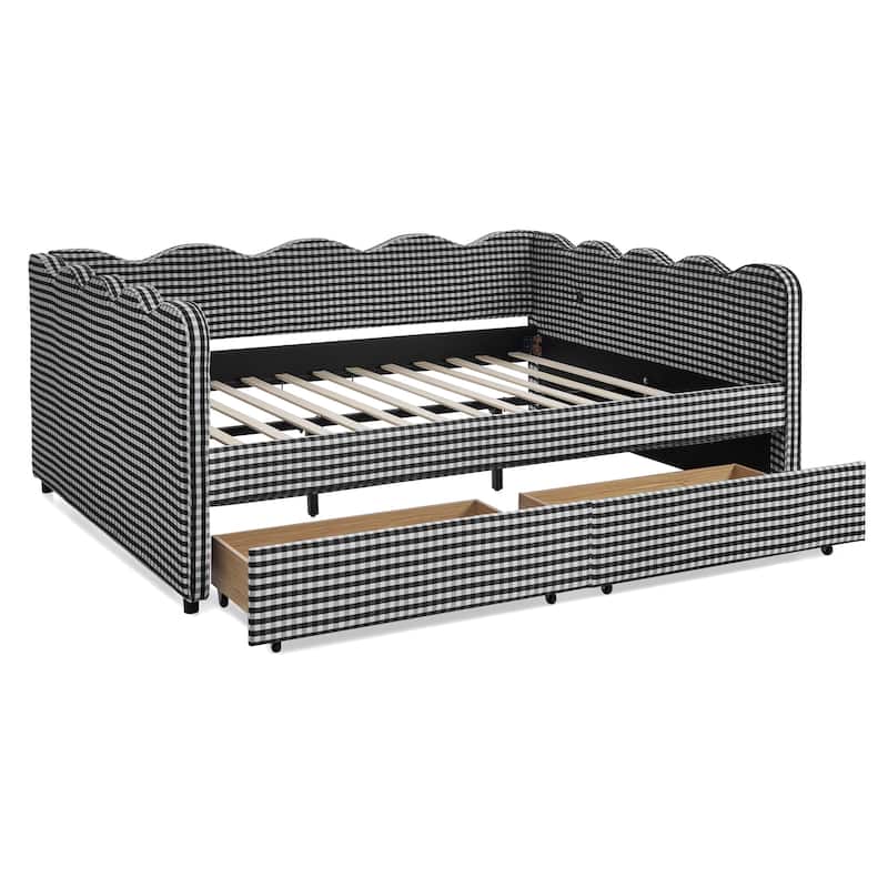 Full/Queen Gingham Daybed with 2 Storage Drawers, USB Port & Wave Shaped Linen Fabric