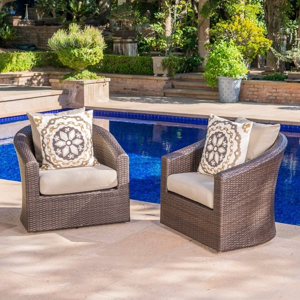 slide 2 of 18, Darius Outdoor Wicker Aluminum Swivel Club Chair with Cushion (Set of 2) by Christopher Knight Home Tan