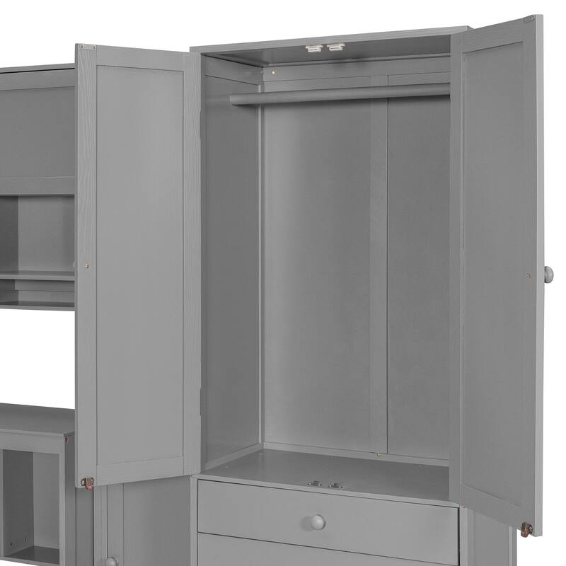 Roomfitters Wooden Twin Size Platform Bed with Integrated Desk, Wardrobe, and Multi-Level Storage Cabinets, LED Lighting