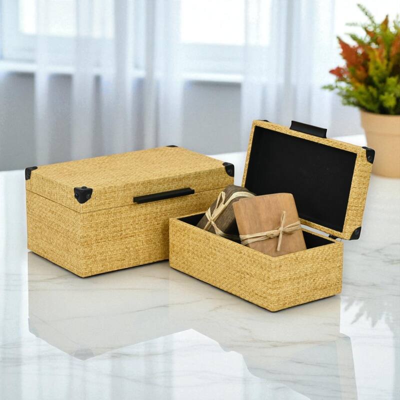 Ferelith Set of 2 Rectangular Decorative Storage Boxes - Light Brown Wicker Rattan Pattern