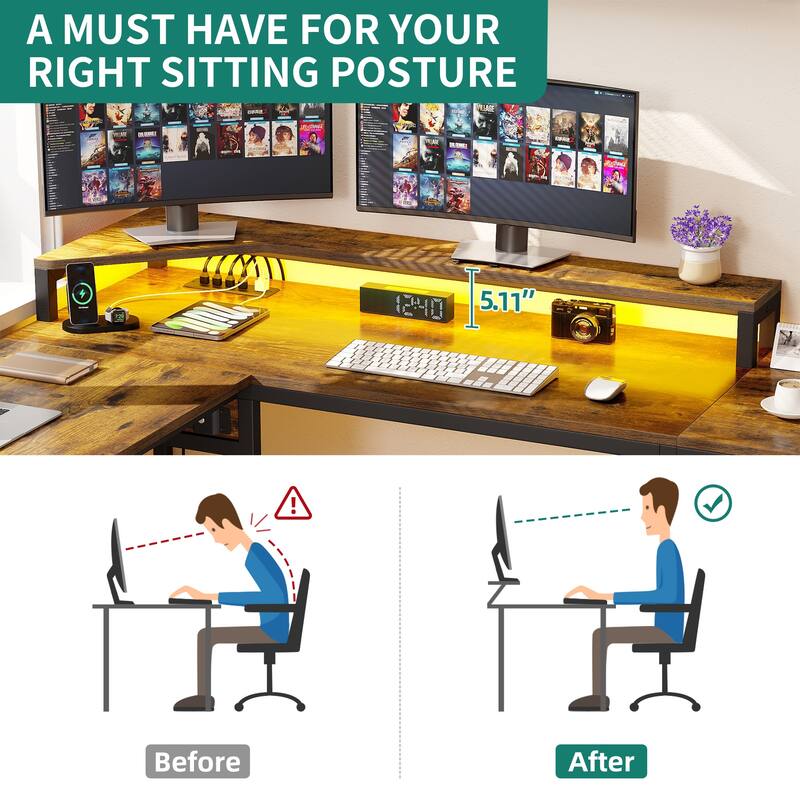 Moasis Lift Top LED LShaped Gaming Desk with Power Outlets and Monitor