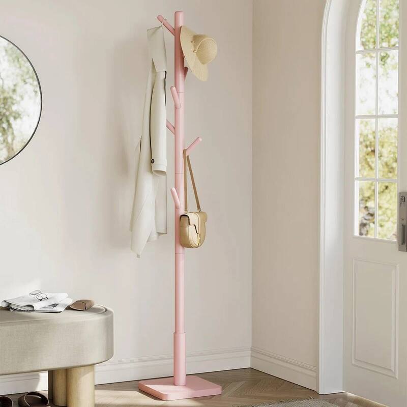 68.9" Solid Wood Coat Rack with 7 Pegs Modern Hall Tree for Entryway or Living Room - 68.9'' H x 15'' W x 15'' D - Pink