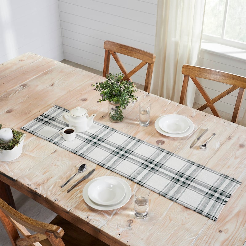 Harper Plaid Green White Runner Fringed 12x36 - 12x48