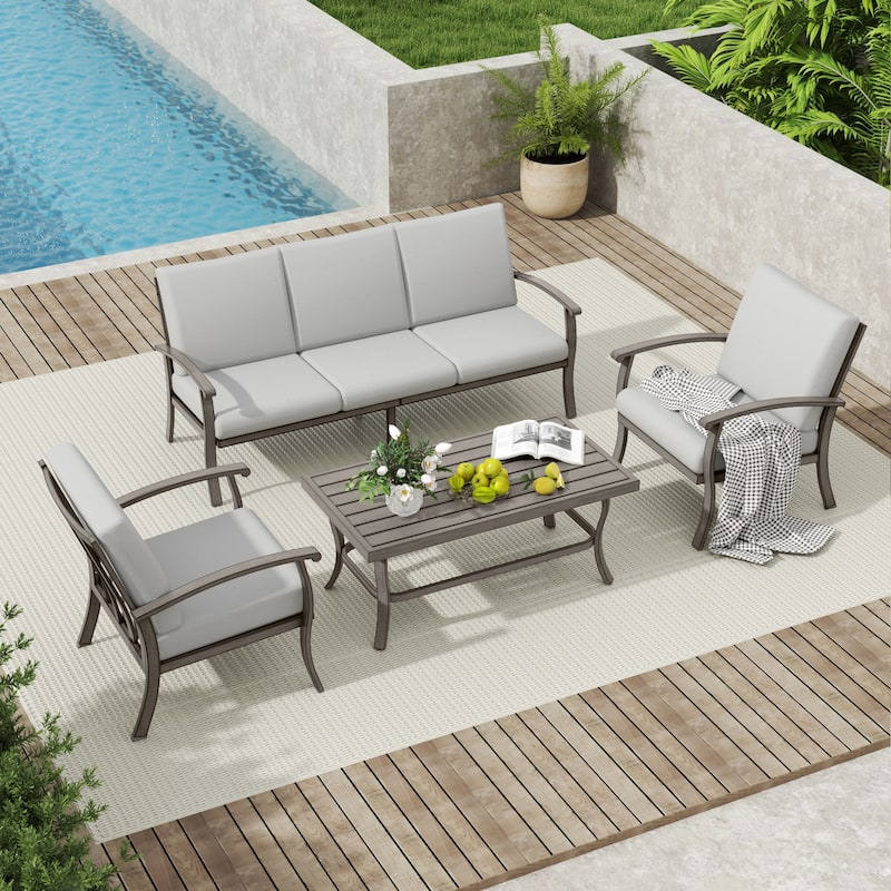 5-Person Aluminum Patio Conversation Set with Coffee Table, Sofa and Light Gray Cushions