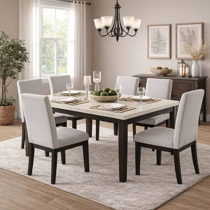 Rectangular Wooden Dining Table with Marble Top, White and Dark Oak Brown