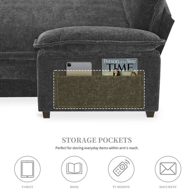 Chenille Upholstered Sectional Sofa with Chaise and Storage Pockets, 5 Seat Lounge Cloud Couch L-shaped Recliner Couches