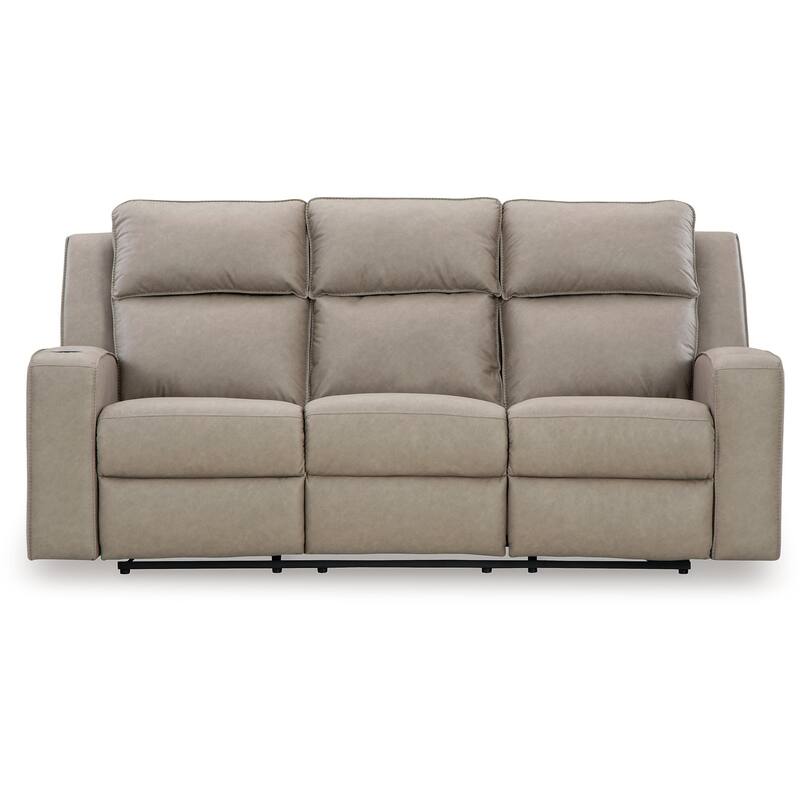 Livie Manual Recliner Sofa, USB, Table, 87in Beige Gray Faux Leather