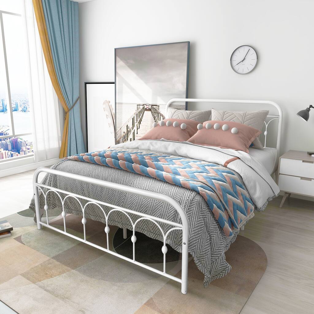 Queen Bed Metal Platform Bed Frame with Headboard and Footboard, 12.4" Under Bed Storage, White