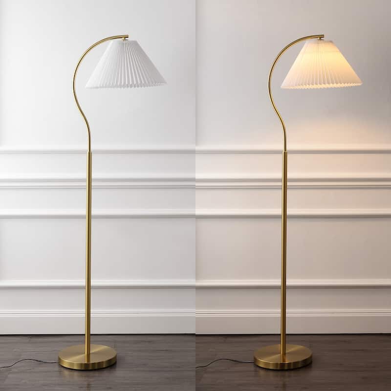 Freida 60.5" Modern Glam Metal Arc LED Floor Lamp with Pleated Shade, Brass Gold/White, by JONATHAN Y