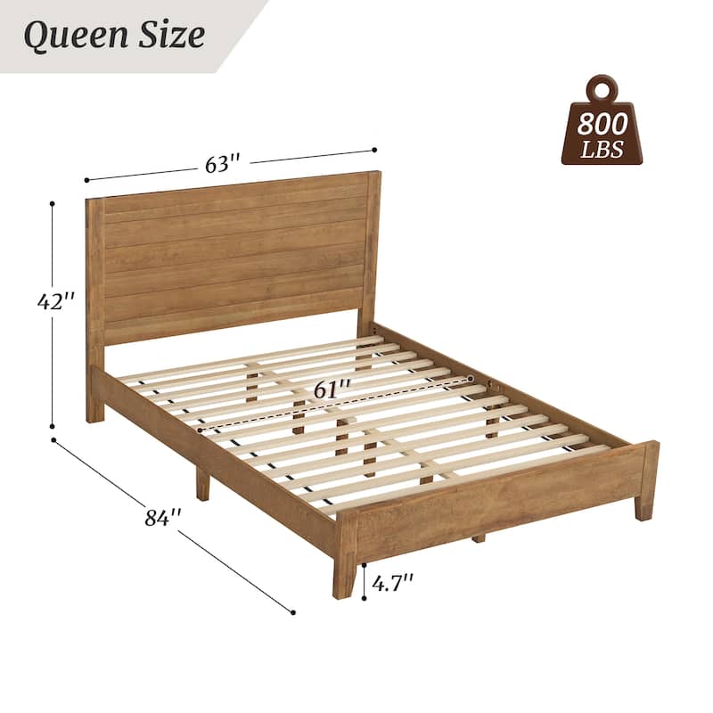Mid-Century Modern Solid Wood Platform Bed with Headboard Queen/King/Full Size