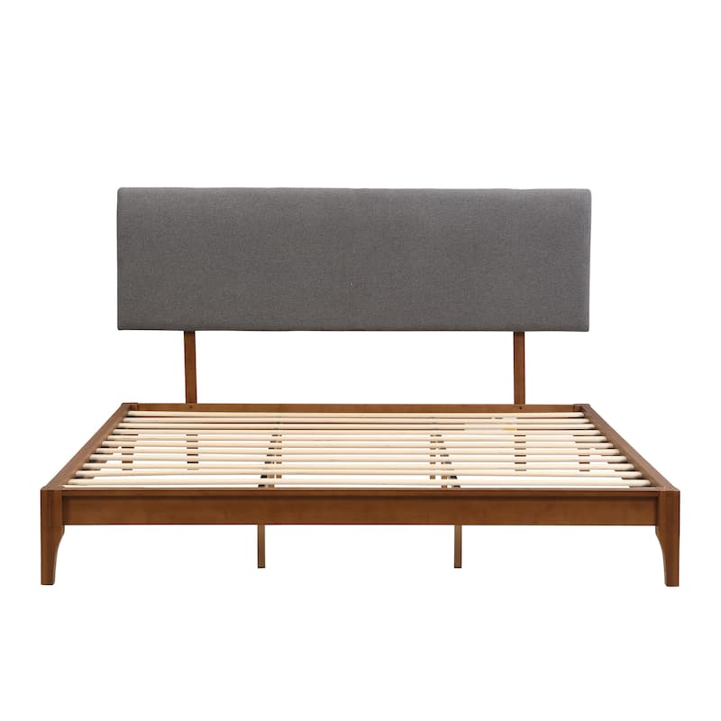 Solid Dry Bamboo Wood Platform Bed with Bamboo Frame, Upholstered Adjustable Headboard, Noise-Free Design, Easy Assembly