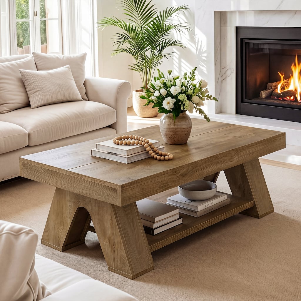 55.1-inch Rectangle Center Tea Table With Storage Shelf For Living Room