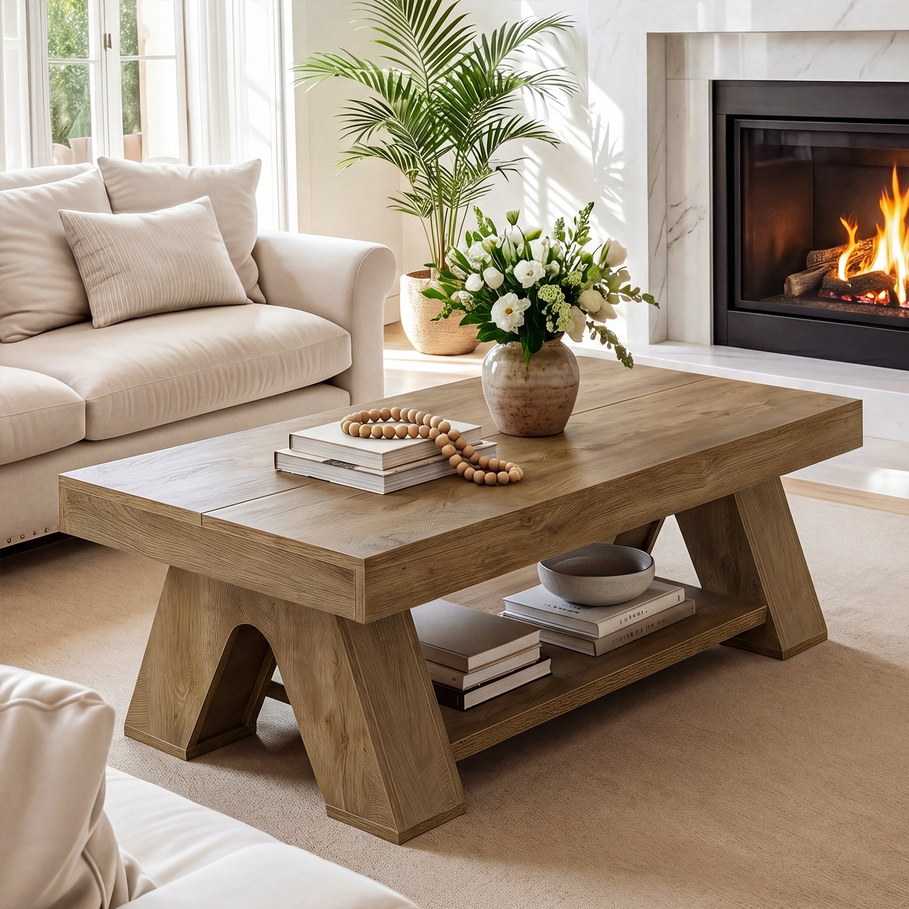 55.1-inch Rectangle Center Tea Table With Storage Shelf For Living Room