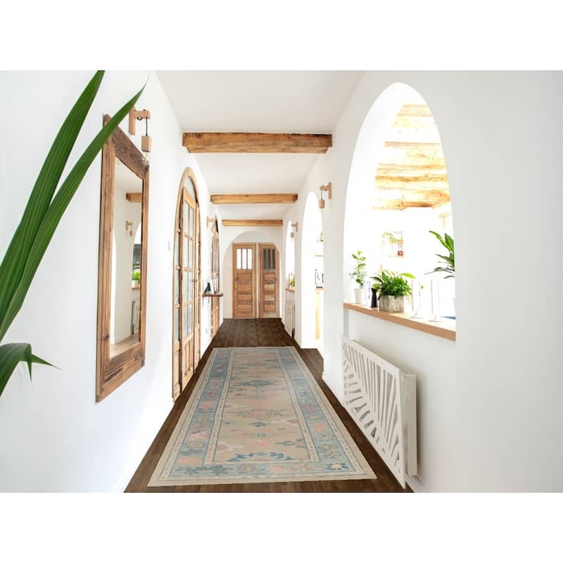 Hand Knotted Oriental 100% Wool Carpet Transitional Floral Beige & Ivories Oushak Runner Rug - 13' 2'' X 3' 2''