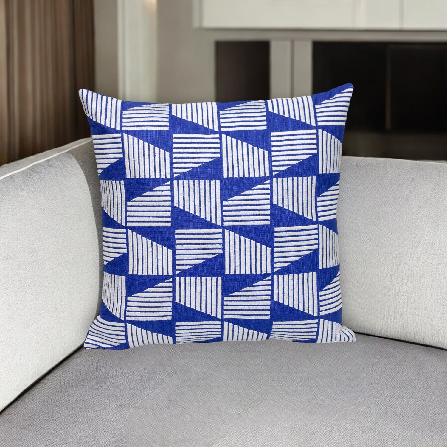 HomeRoots 18" Blue and White Geometric Cotton Throw Pillow With Embroidery