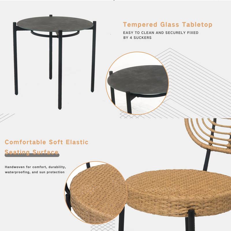 3 Pieces Of Outdoor Wicker Furniture,Patio Bistro Style Table And Chair,Weather-resistant PE Wicker Weave, Stainless Steel Fame